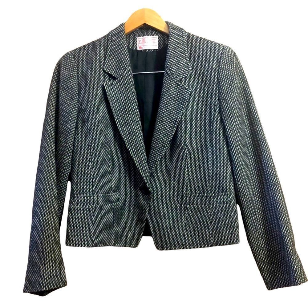 Pendleton Vintage Black And White Tweed Petite Cropped Fitted One Button Blazer